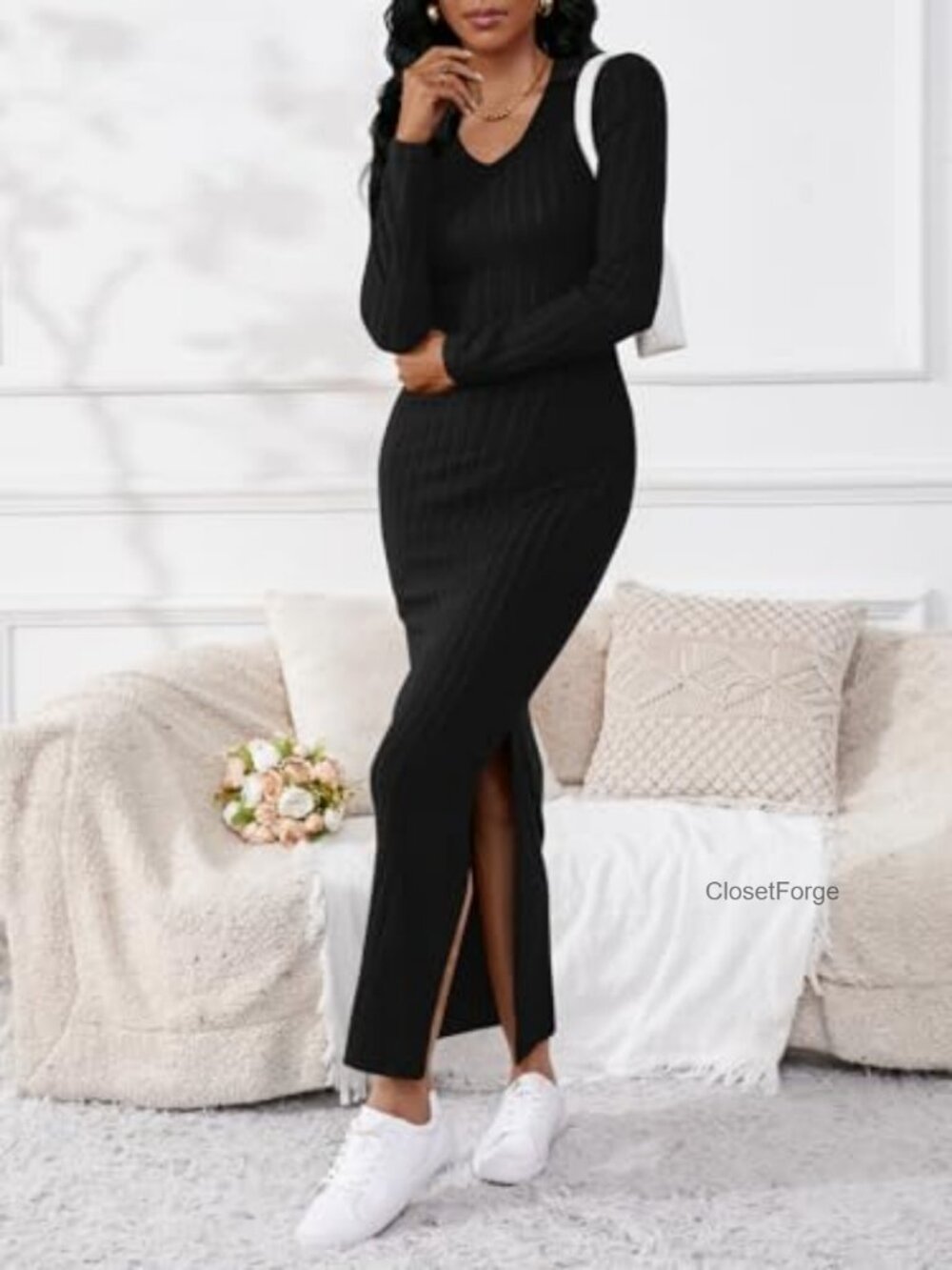 Long Sleeve V Neck Maxi Sweater Dress Sexy Bodycon Ribbed Knit - Picture 4 of 5